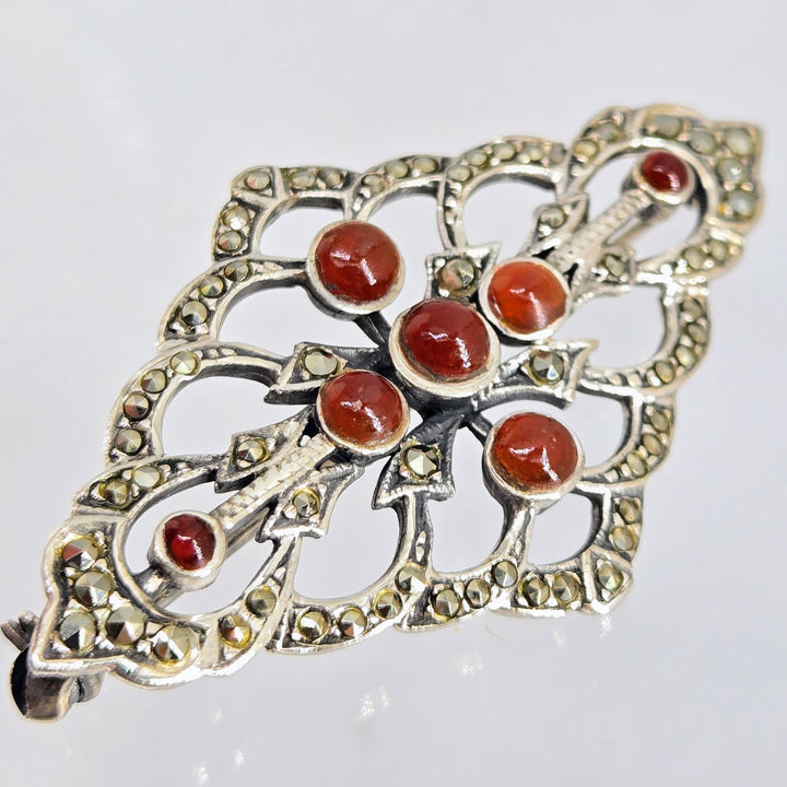 "Annie Hall's Favorite" 1" X 2" Brooch/Pearl Enhancer - Carnelian, Marcasite, Sterling