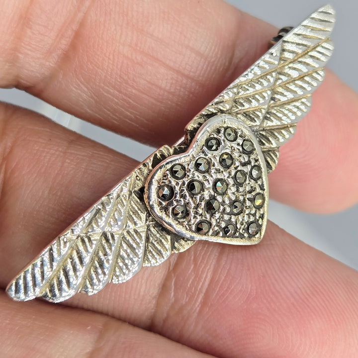 "Wings Of Love" .75" X 2" Brooch/Pearl Enhancer - Marcasite, Sterling