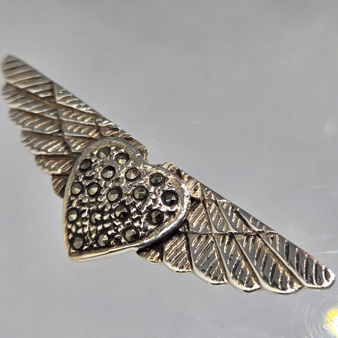 "Wings Of Love" .75" X 2" Brooch/Pearl Enhancer - Marcasite, Sterling