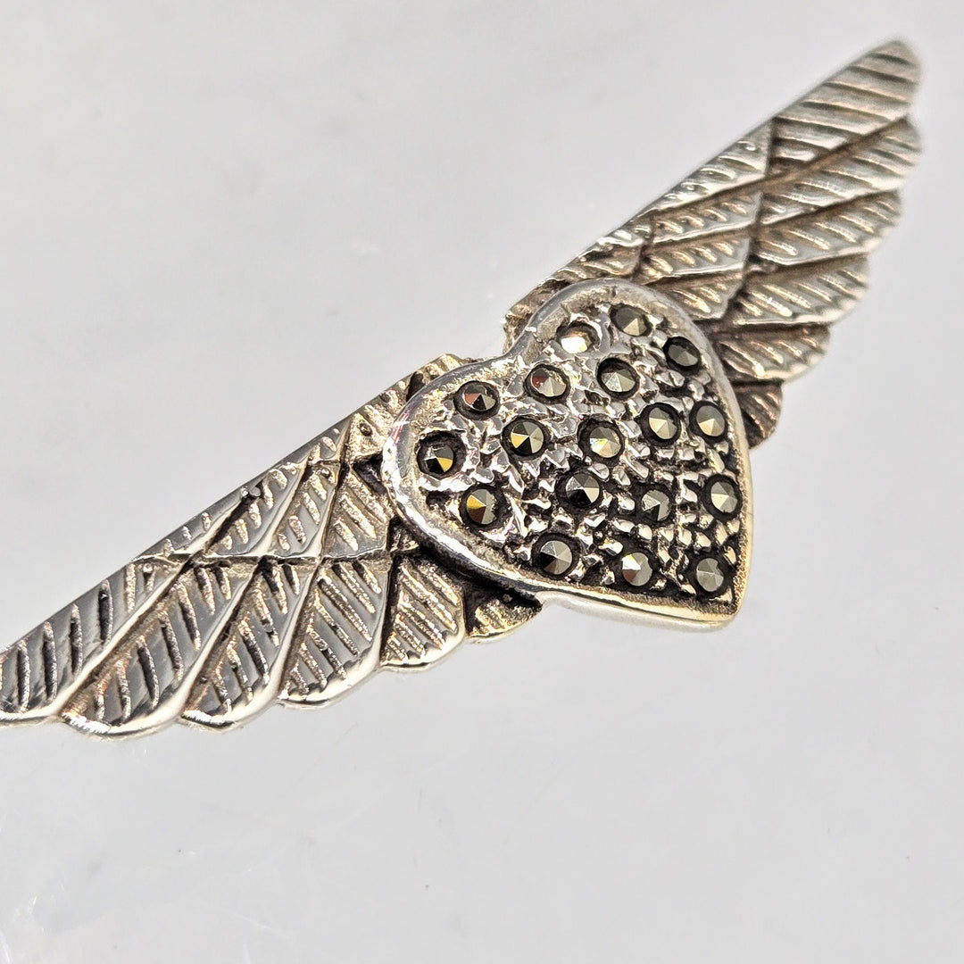 "Wings Of Love" .75" X 2" Brooch/Pearl Enhancer - Marcasite, Sterling