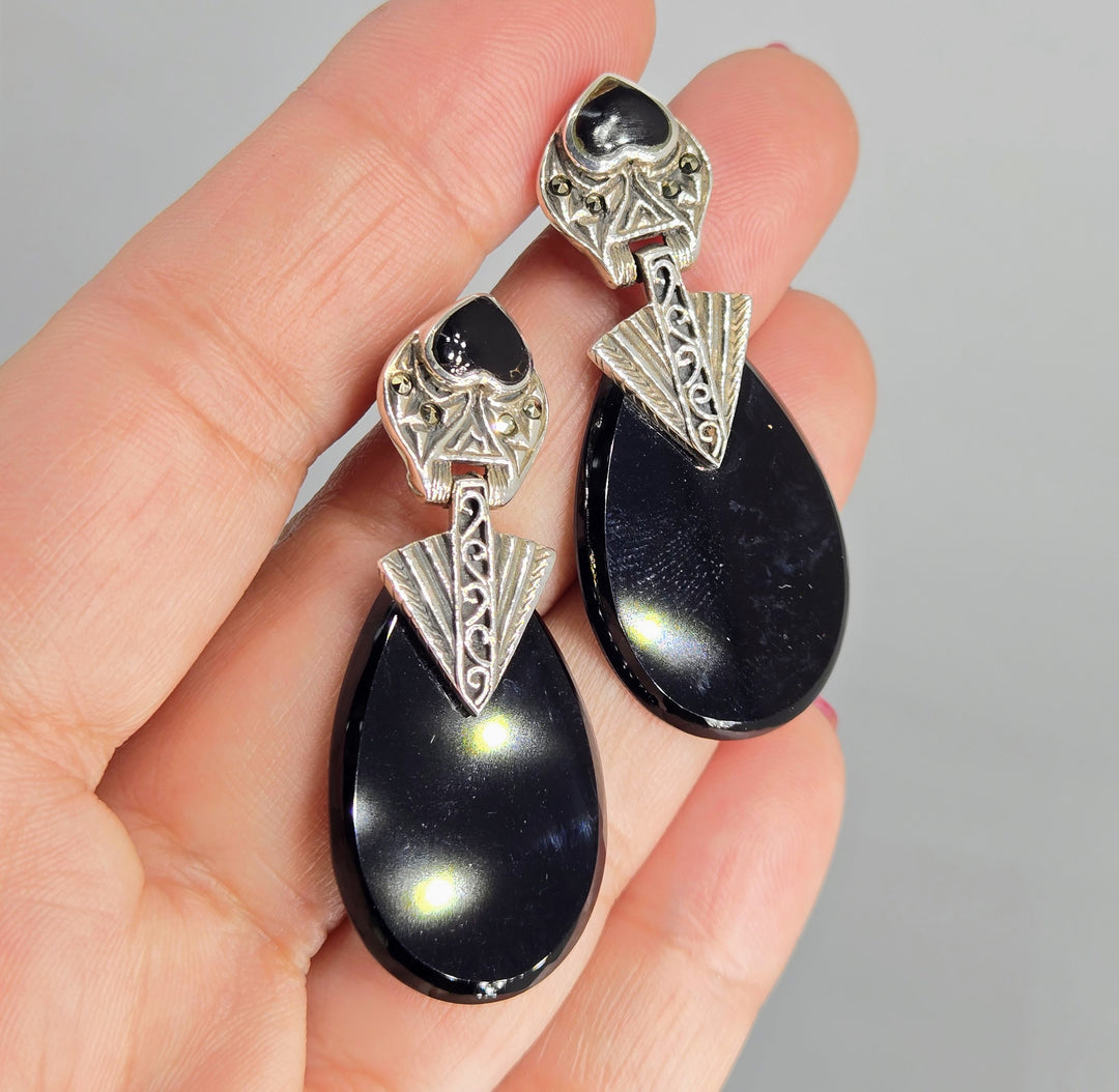 "I <3 Deco Doorknockers" 2" Earrings - Onyx, Marcasite, Sterling