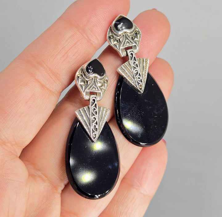 "I <3 Deco Doorknockers" 2" Earrings - Onyx, Marcasite, Sterling