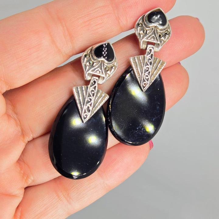 "I <3 Deco Doorknockers" 2" Earrings - Onyx, Marcasite, Sterling