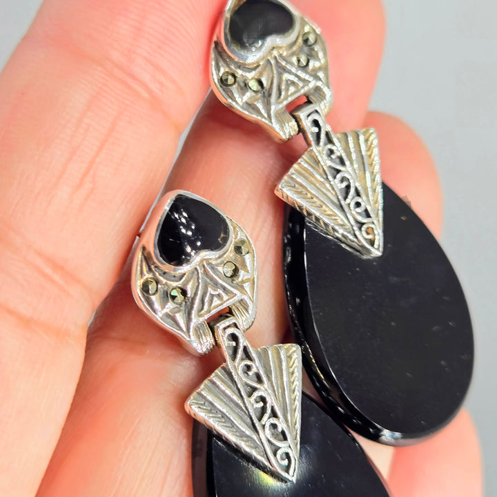 "I <3 Deco Doorknockers" 2" Earrings - Onyx, Marcasite, Sterling