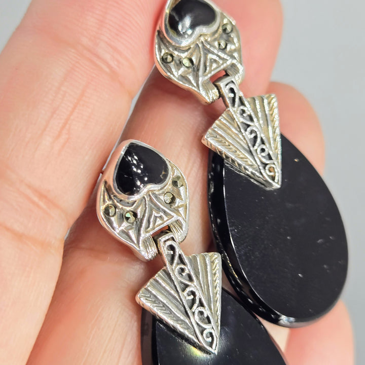 "I <3 Deco Doorknockers" 2" Earrings - Onyx, Marcasite, Sterling