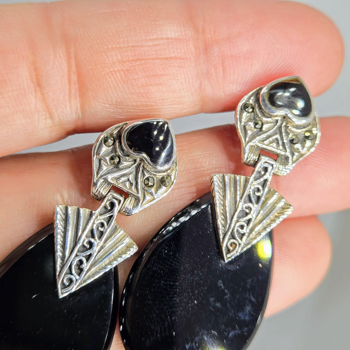 "I <3 Deco Doorknockers" 2" Earrings - Onyx, Marcasite, Sterling