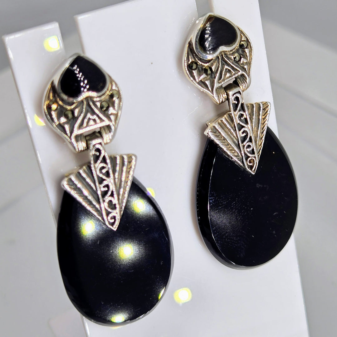"I <3 Deco Doorknockers" 2" Earrings - Onyx, Marcasite, Sterling
