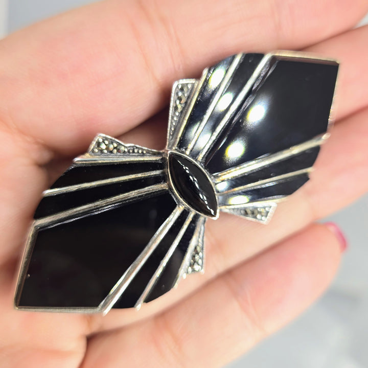 "Black Tie?" 1" X 2.75" Brooch/Pearl Enhancer - Onyx, Marcasite, Sterling