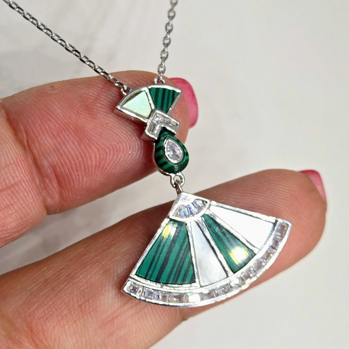"Deco Divine" 16" - 18" Necklace - Malachite, Mother-Of-Pearl, Zircon, Anti-tarnish Sterling