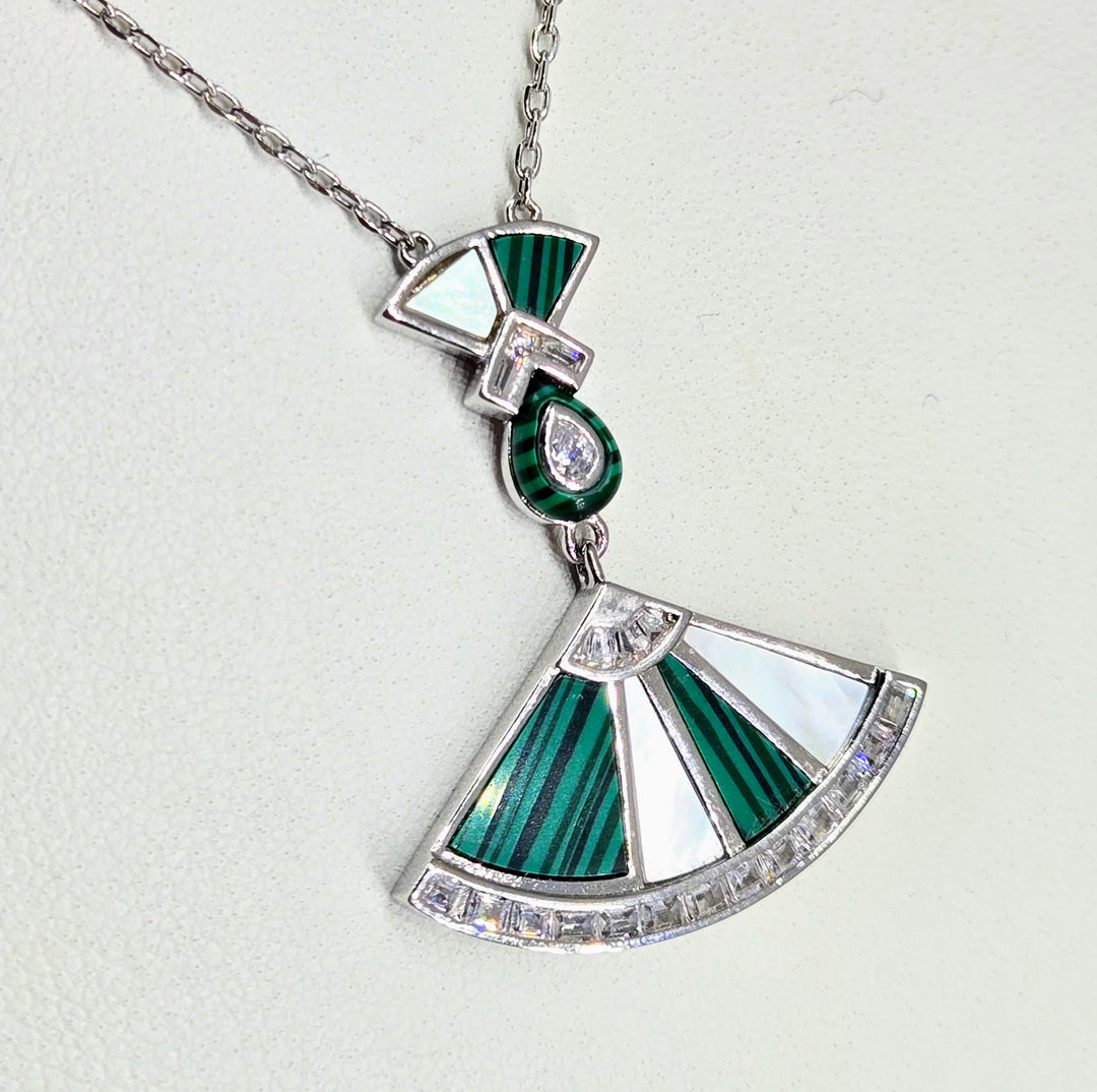 "Deco Divine" 16" - 18" Necklace - Malachite, Mother-Of-Pearl, Zircon, Anti-tarnish Sterling