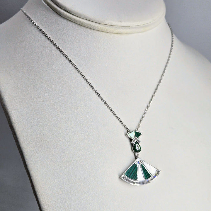 "Deco Divine" 16" - 18" Necklace - Malachite, Mother-Of-Pearl, Zircon, Anti-tarnish Sterling