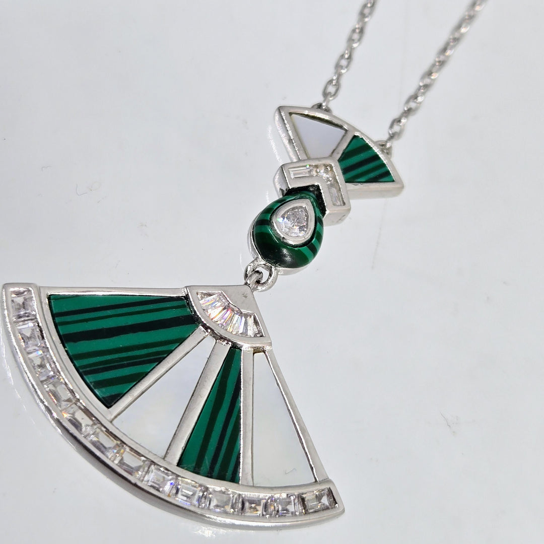 "Deco Divine" 16" - 18" Necklace - Malachite, Mother-Of-Pearl, Zircon, Anti-tarnish Sterling