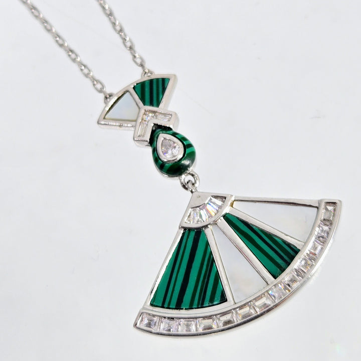 "Deco Divine" 16" - 18" Necklace - Malachite, Mother-Of-Pearl, Zircon, Anti-tarnish Sterling