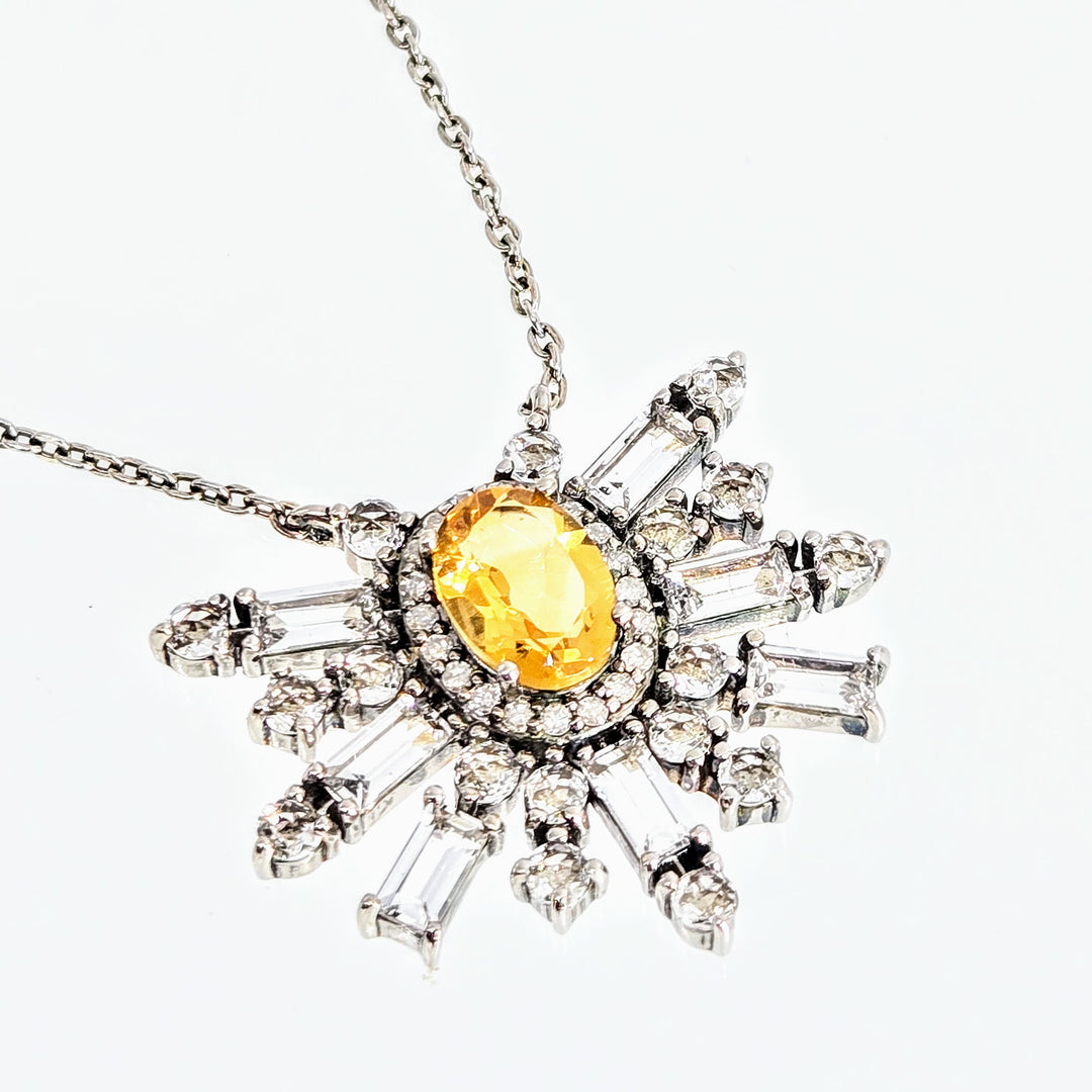 "Citrine Starburst" 16" Necklace - Citrine, Diamonds, Anti-tarnish Sterling