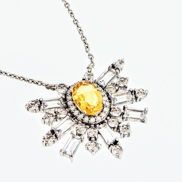 "Citrine Starburst" 16" Necklace - Citrine, Diamonds, Anti-tarnish Sterling