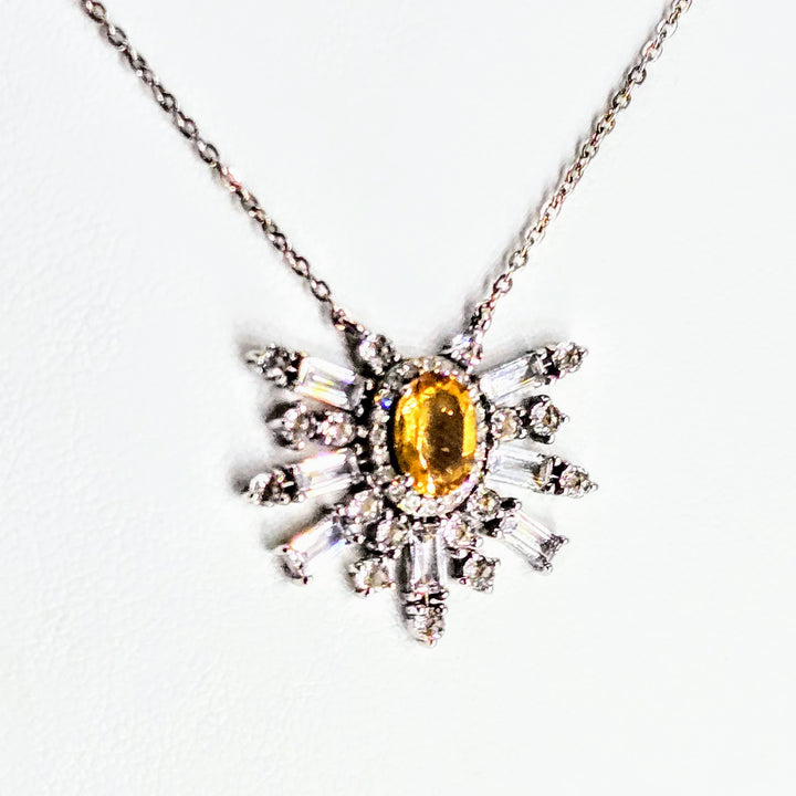 "Citrine Starburst" 16" Necklace - Citrine, Diamonds, Anti-tarnish Sterling