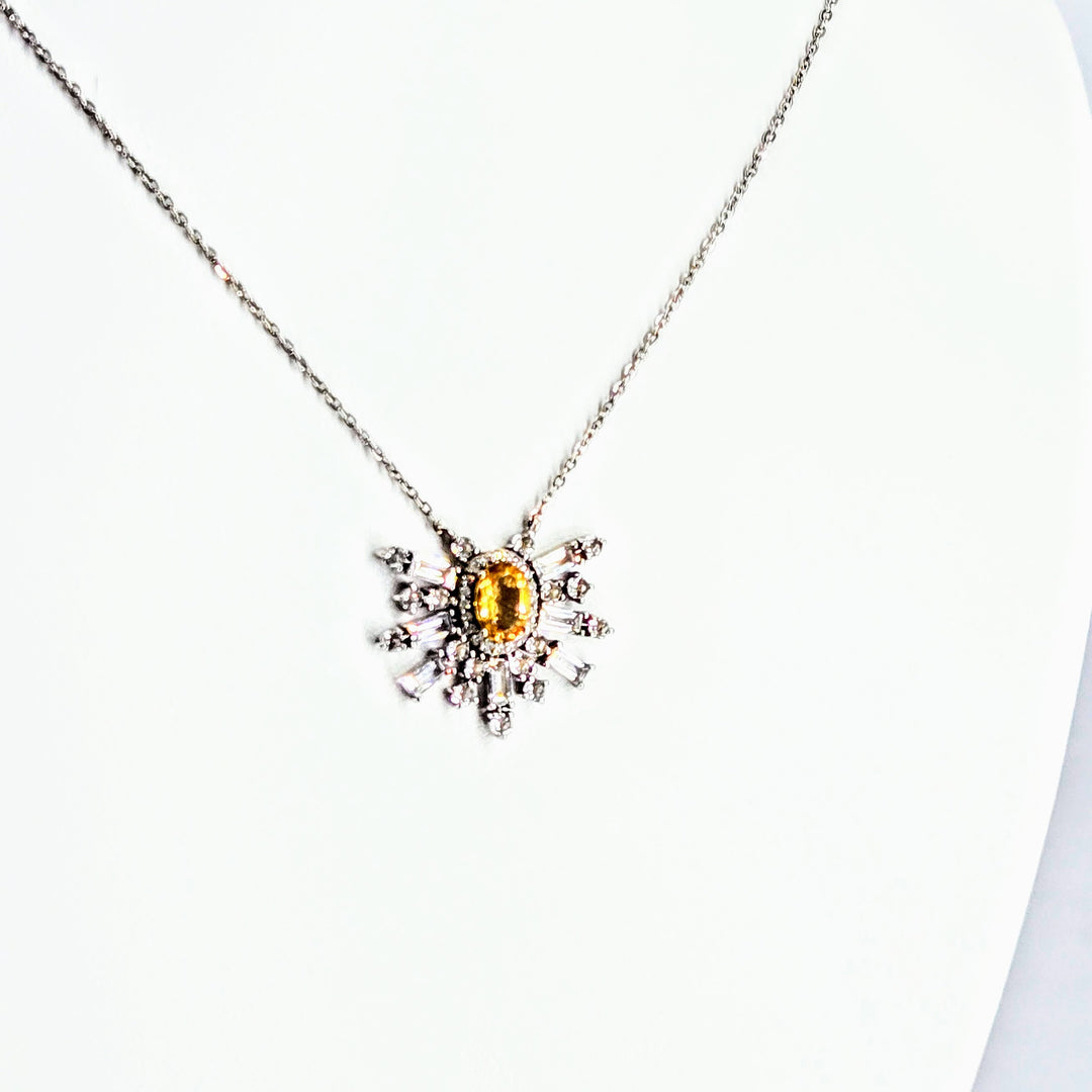 "Citrine Starburst" 16" Necklace - Citrine, Diamonds, Anti-tarnish Sterling