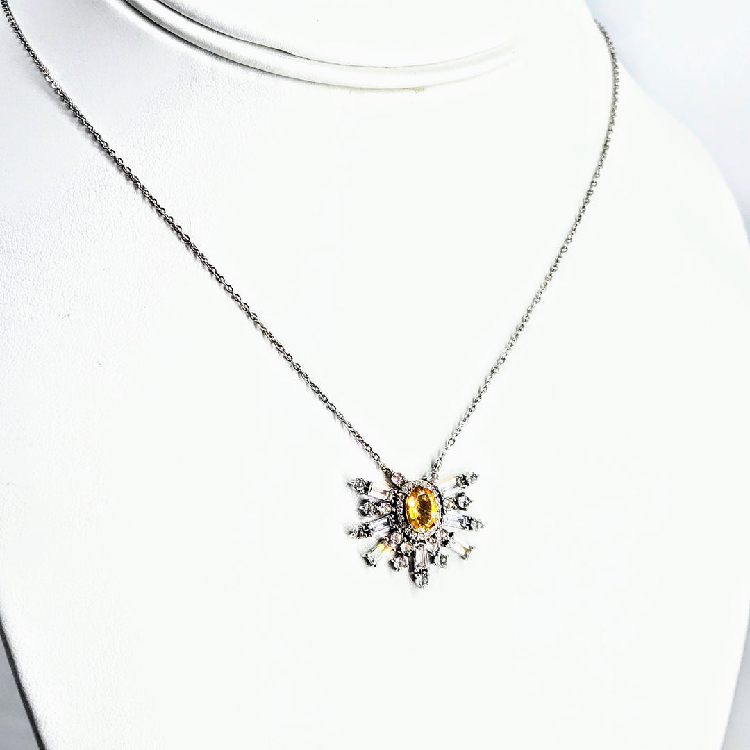 "Citrine Starburst" 16" Necklace - Citrine, Diamonds, Anti-tarnish Sterling