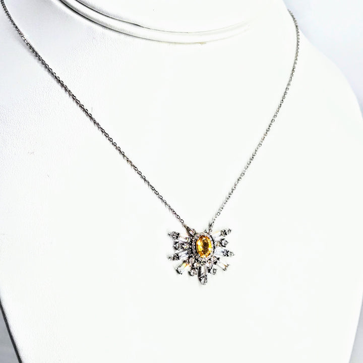 "Citrine Starburst" 16" Necklace - Citrine, Diamonds, Anti-tarnish Sterling