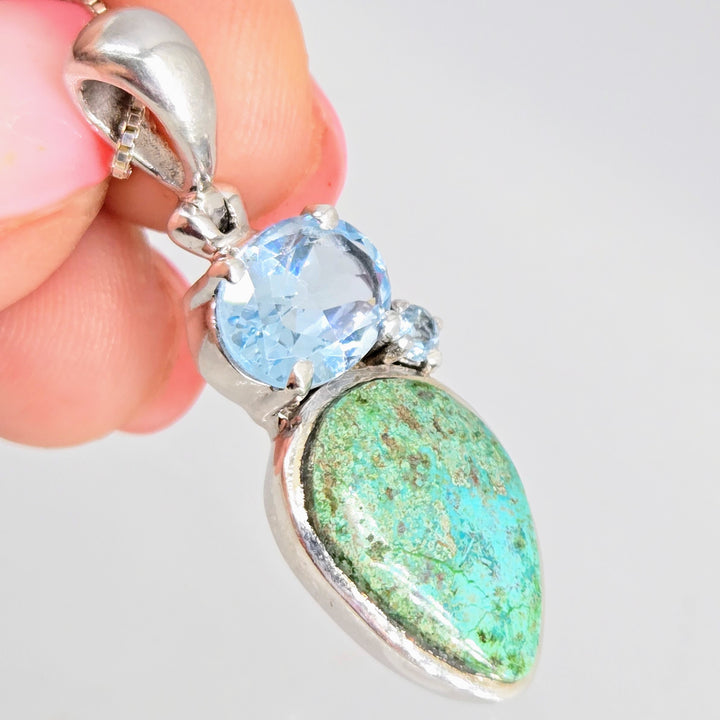 "Caribbean Beach" 18" Necklace, 1.5" Pendant, Fuchsite, Topaz, Sterling