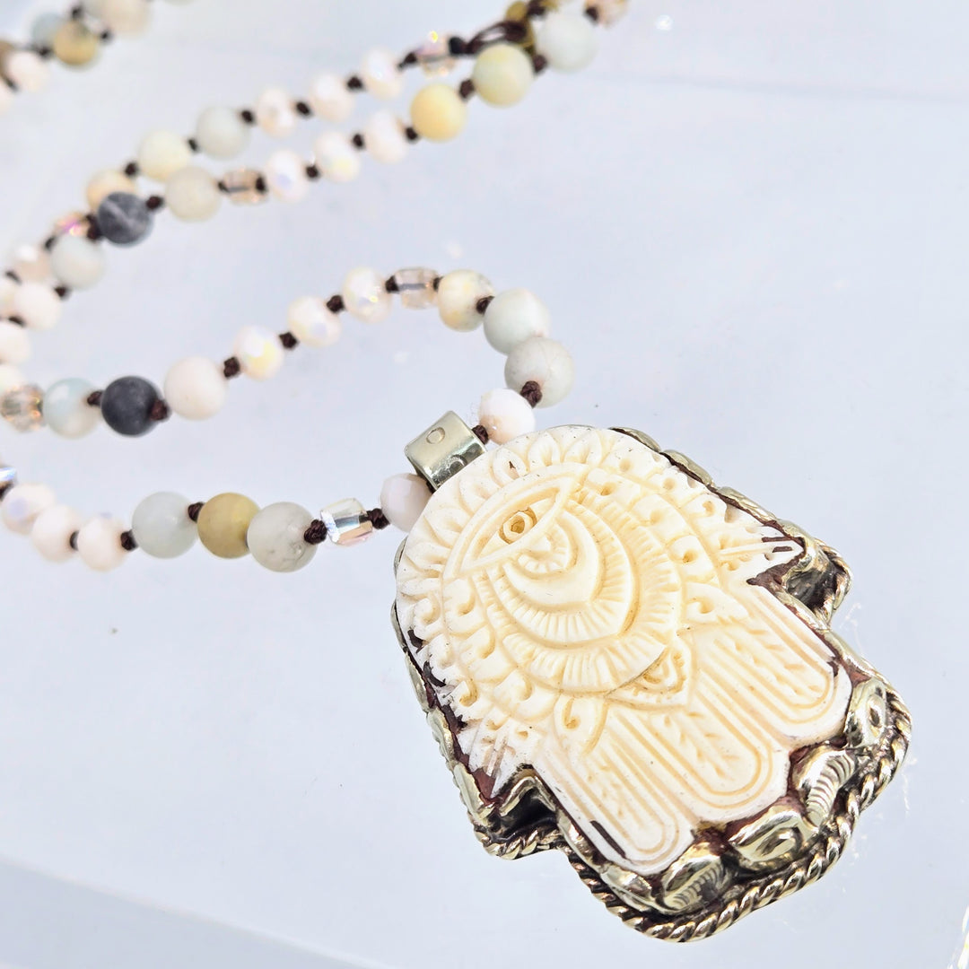 "Milky Way Hamsa" 2.25" Pendant 35" Necklace - Bone, Amazonite, Crystal, German Silver – view 5