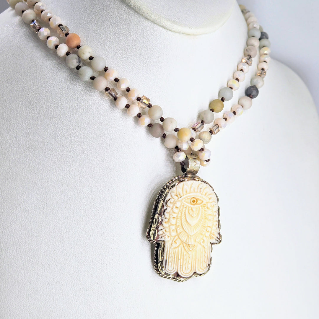 "Milky Way Hamsa" 2.25" Pendant 35" Necklace - Bone, Amazonite, Crystal, German Silver | Key West Local Luxe