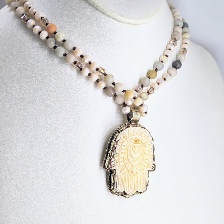 "Milky Way Hamsa" 2.25" Pendant 35" Necklace - Bone, Amazonite, Crystal, German Silver | Key West Local Luxe