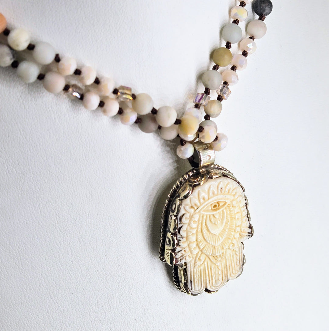 "Milky Way Hamsa" 2.25" Pendant 35" Necklace - Bone, Amazonite, Crystal, German Silver – view 4