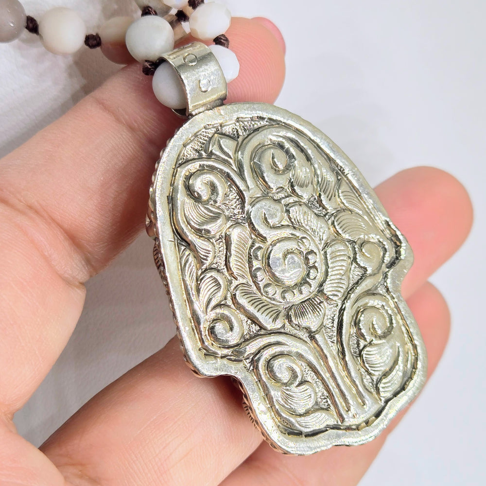 "Milky Way Hamsa" 2.25" Pendant 35" Necklace - Bone, Amazonite, Crystal, German Silver – view 2