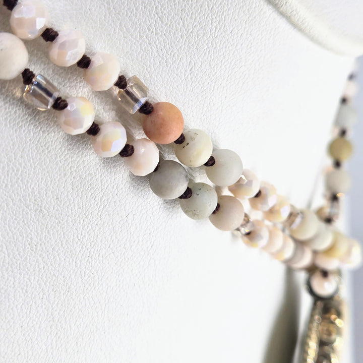 "Milky Way Hamsa" 2.25" Pendant 35" Necklace - Bone, Amazonite, Crystal, German Silver – view 3