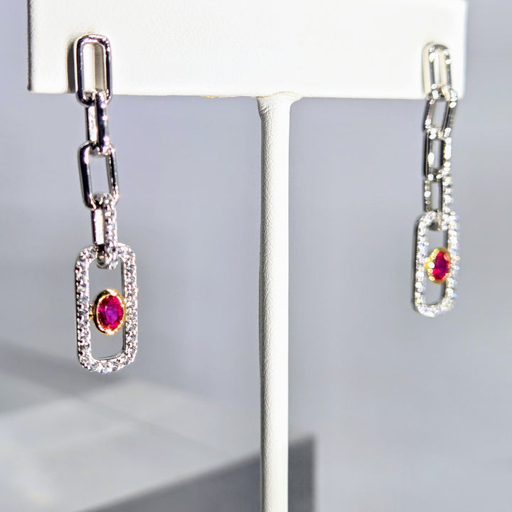 "Love Note" 1.5" Earrings - Pink Ruby & White Zircon, AT Sterling