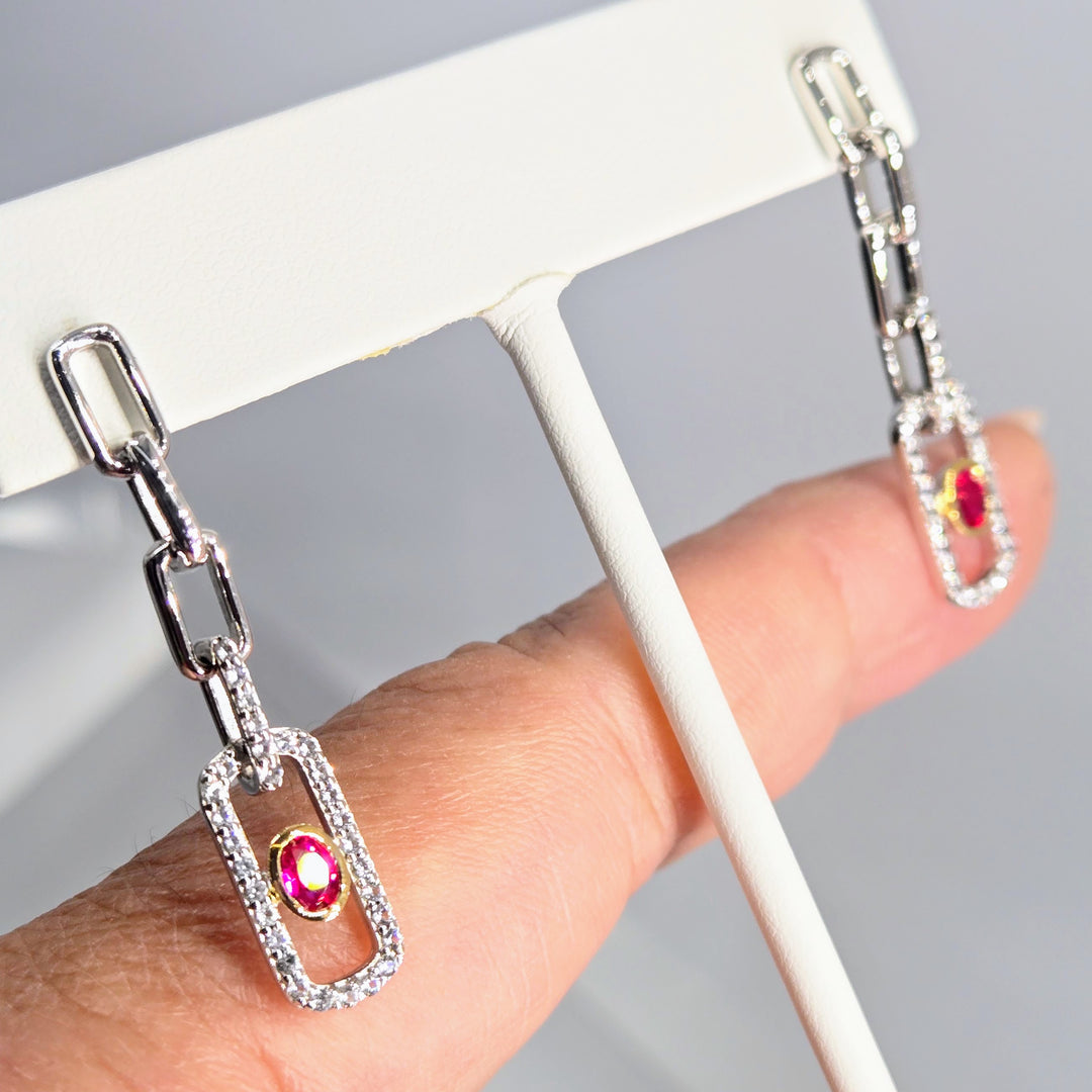 "Love Note" 1.5" Earrings - Pink Ruby & White Zircon, AT Sterling