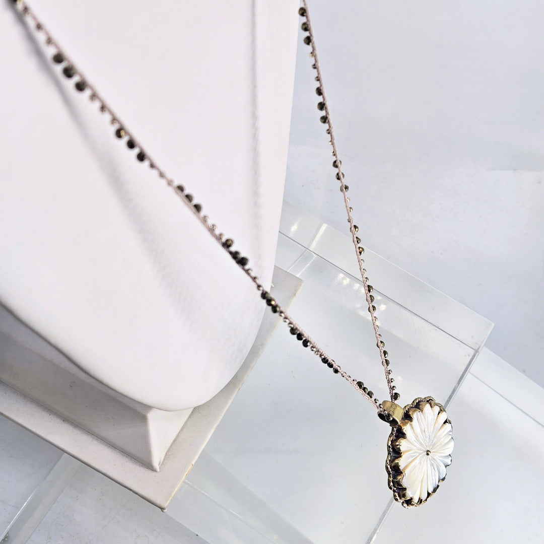 "Mama's Blossom" Hand-carved Mother of Pearl Pendant Necklace – view 3