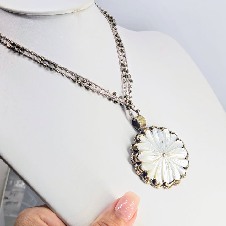 "Mama's Blossom" Hand-carved Mother of Pearl Pendant Necklace – view 6