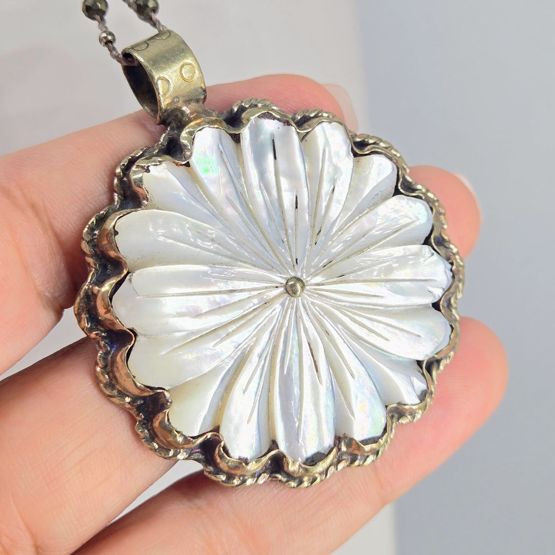 "Mama's Blossom" Hand-carved Mother of Pearl Pendant Necklace – view 2