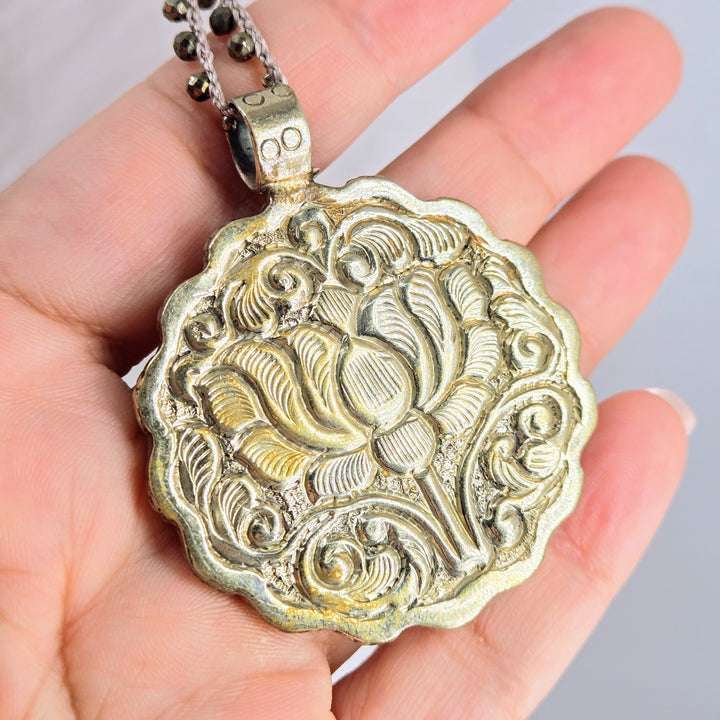 "Mama's Blossom" Hand-carved Mother of Pearl Pendant Necklace – view 4