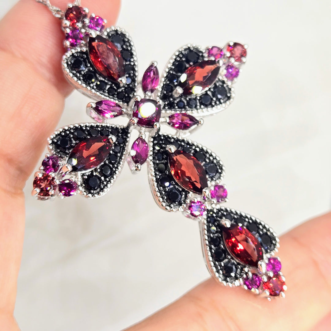 "Sangre De Cristo" Two-tone Garnet & Black Spinel Cross Necklace