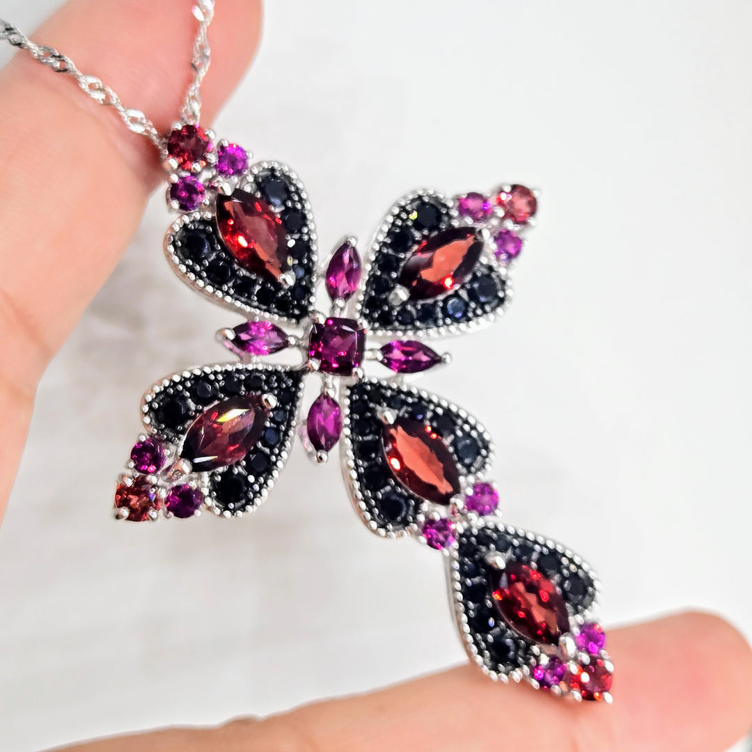 "Sangre De Cristo" Two-tone Garnet & Black Spinel Cross Necklace