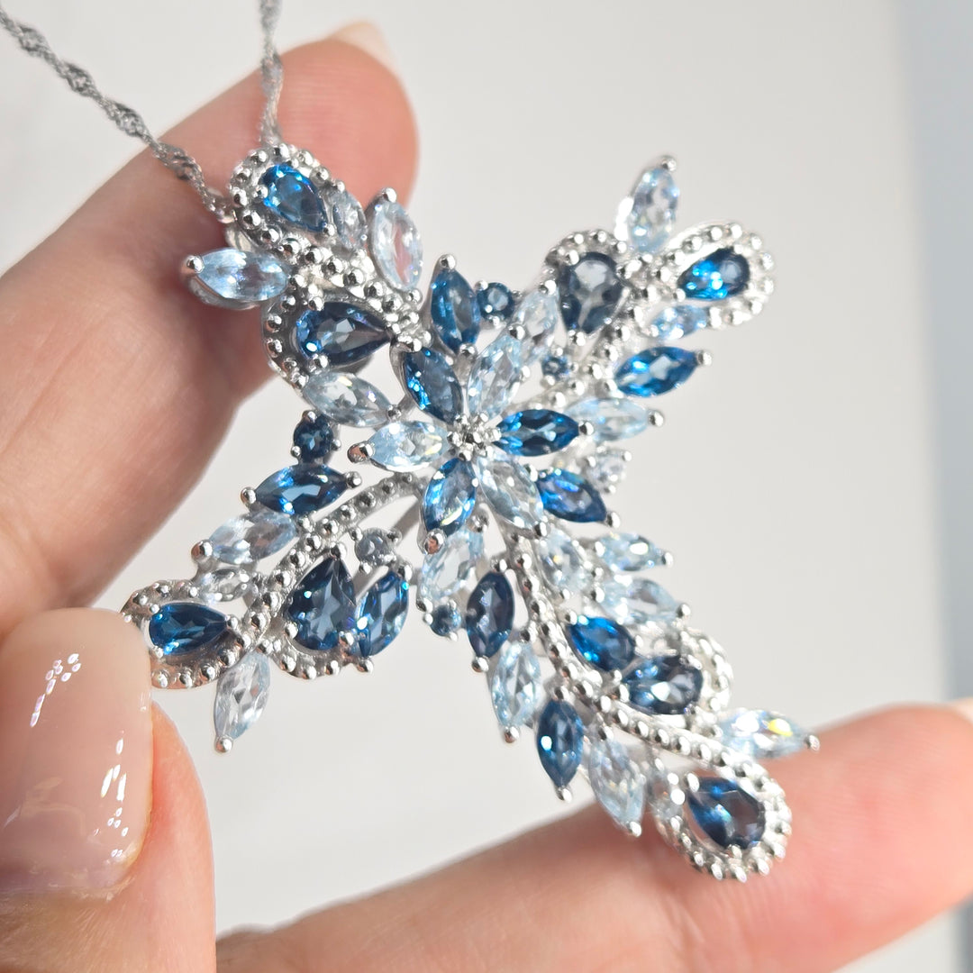 "Star of the Sea" Ice & London Blue Topaz Cross Necklace