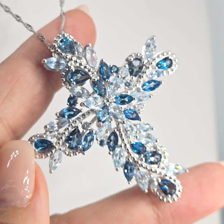 "Star of the Sea" Ice & London Blue Topaz Cross Necklace