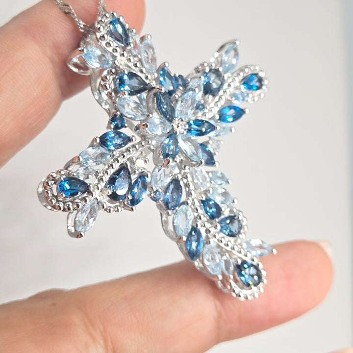 "Star of the Sea" Ice & London Blue Topaz Cross Necklace