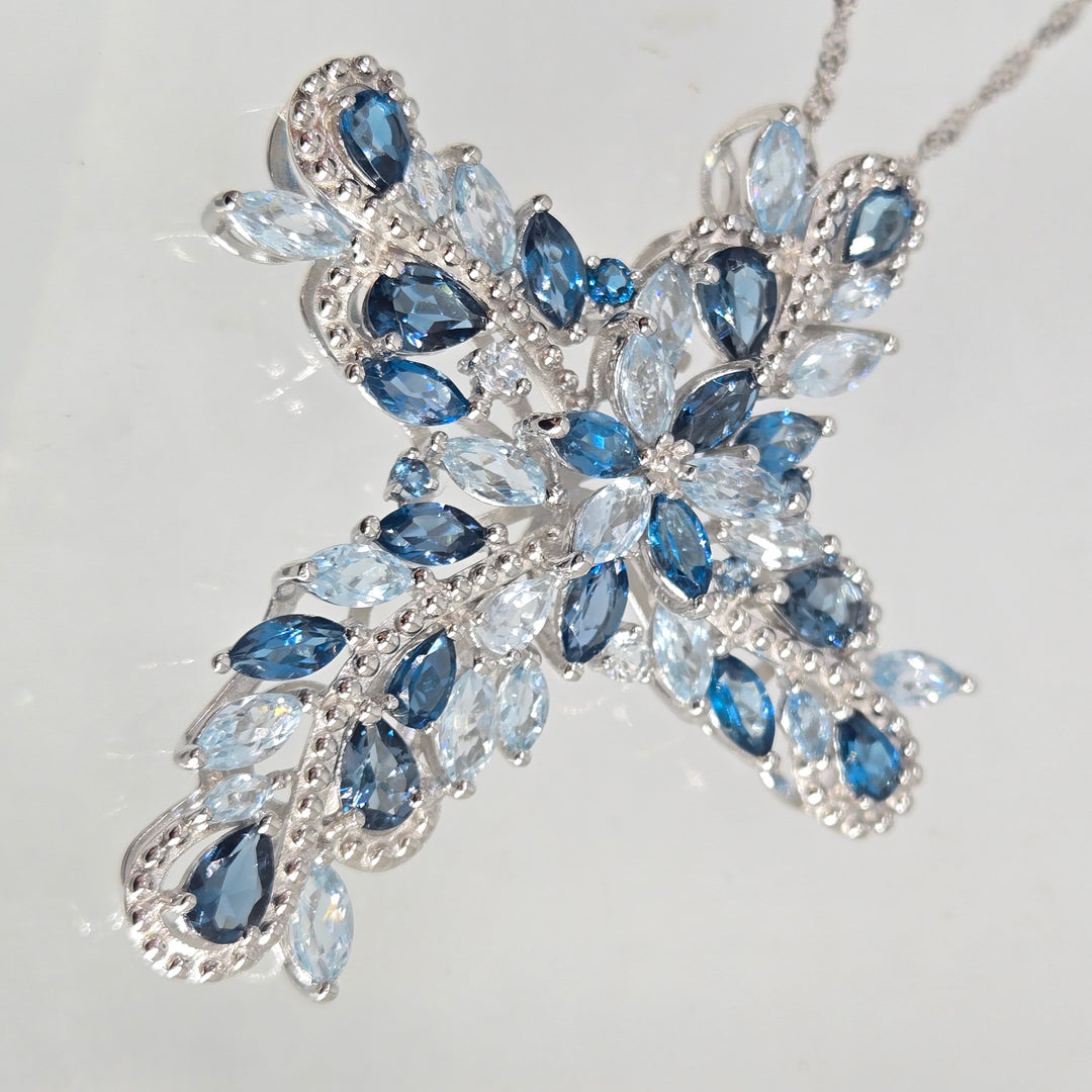 "Star of the Sea" Ice & London Blue Topaz Cross Necklace