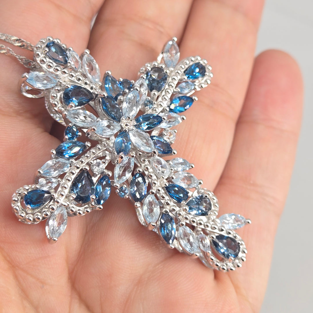 "Star of the Sea" Ice & London Blue Topaz Cross Necklace