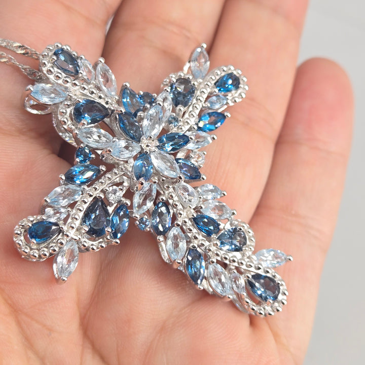 "Star of the Sea" Ice & London Blue Topaz Cross Necklace