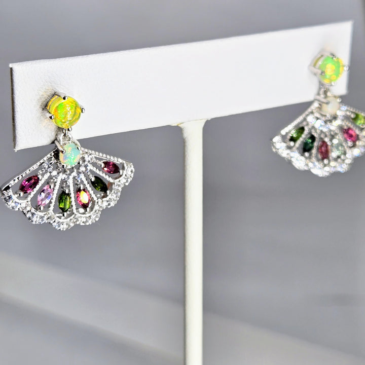 "Fan Tasia" 1" Earrings - Opal & Tourmaline Post-Dangles