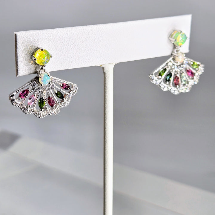 "Fan Tasia" 1" Earrings - Opal & Tourmaline Post-Dangles