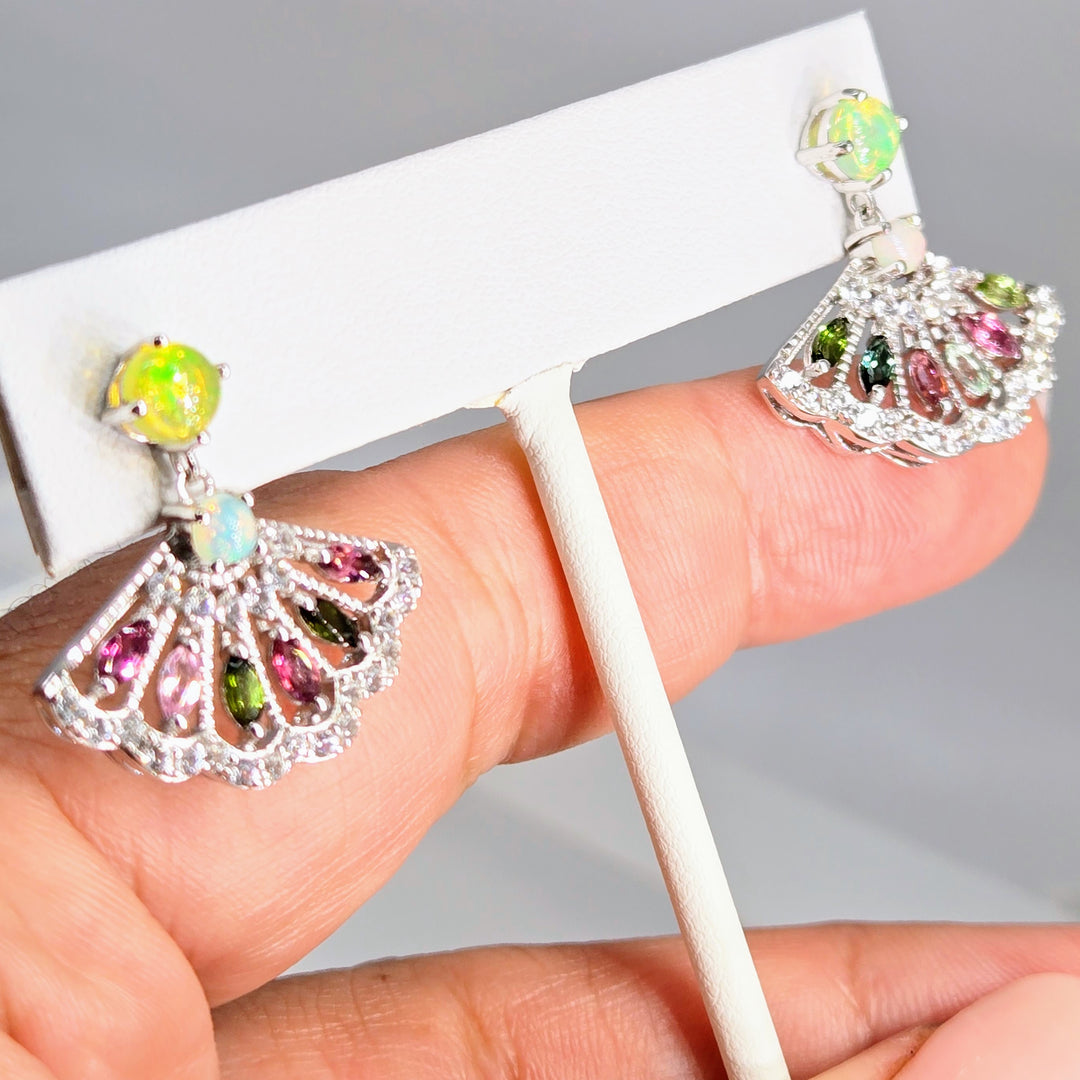 "Fan Tasia" 1" Earrings - Opal & Tourmaline Post-Dangles