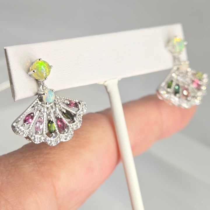 "Fan Tasia" Opal & Tourmaline Post-Dangle Earrings