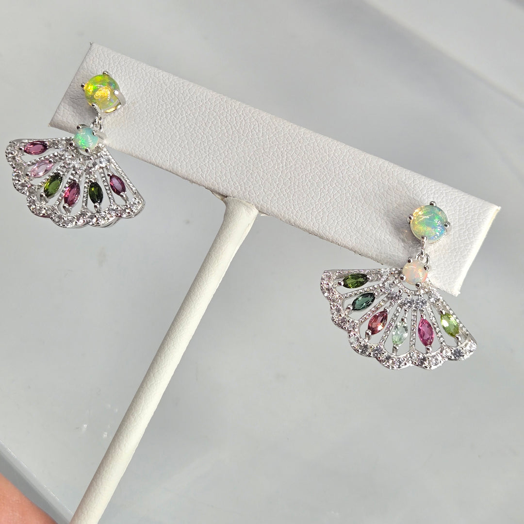 "Fan Tasia" Opal & Tourmaline Post-Dangle Earrings