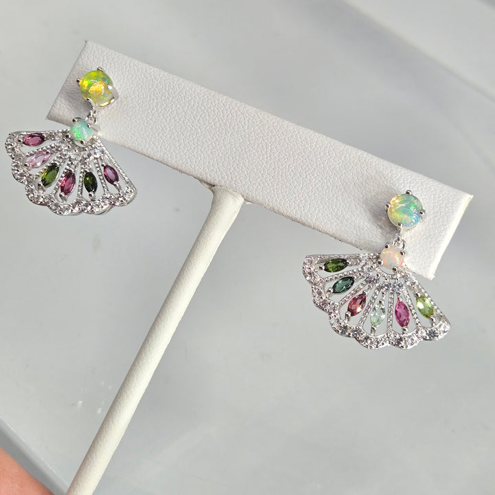 "Fan Tasia" Opal & Tourmaline Post-Dangle Earrings